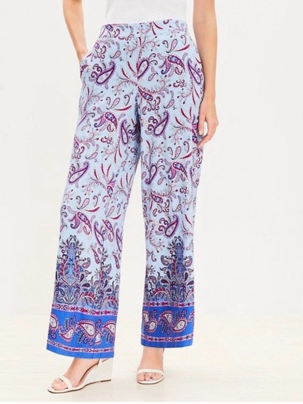 LOFT Light Blue Linen Blend Paisley Wide-Leg Pants